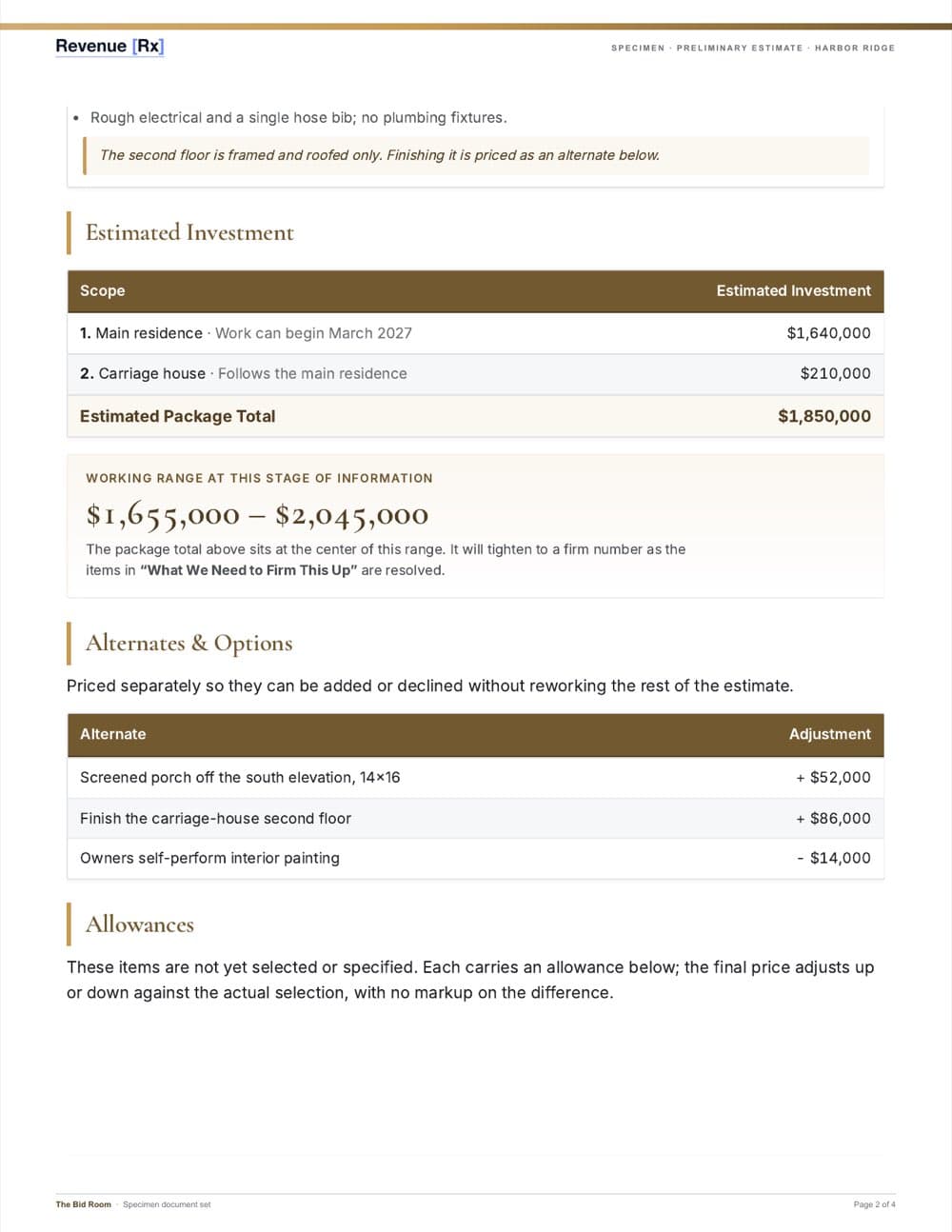 Specimen preliminary estimate, page two — the total and its working range