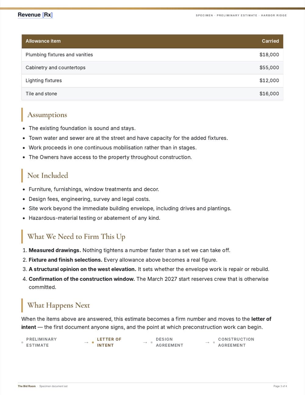 Specimen preliminary estimate, page three — allowances, assumptions and exclusions