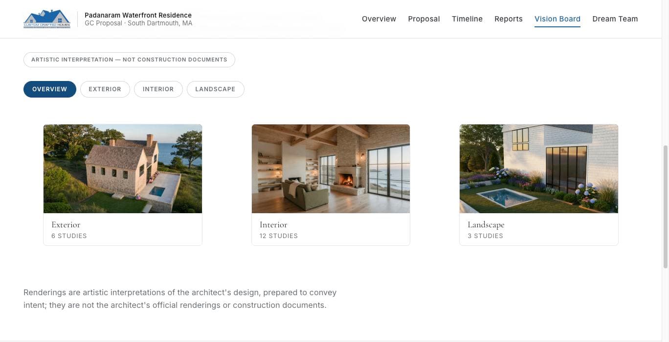 The vision board tab of a builder-branded proposal room: exterior, interior and landscape sets with a study count under each.